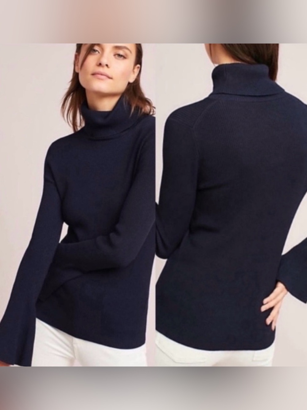 Anthropologie Moth Bell Sleeves Turtleneck Sweater Navy Classic Size Small